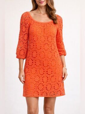 Trina Turk Orange Crochet Lace Dress Size 2 Boho Cotton Lines Resort Vacation